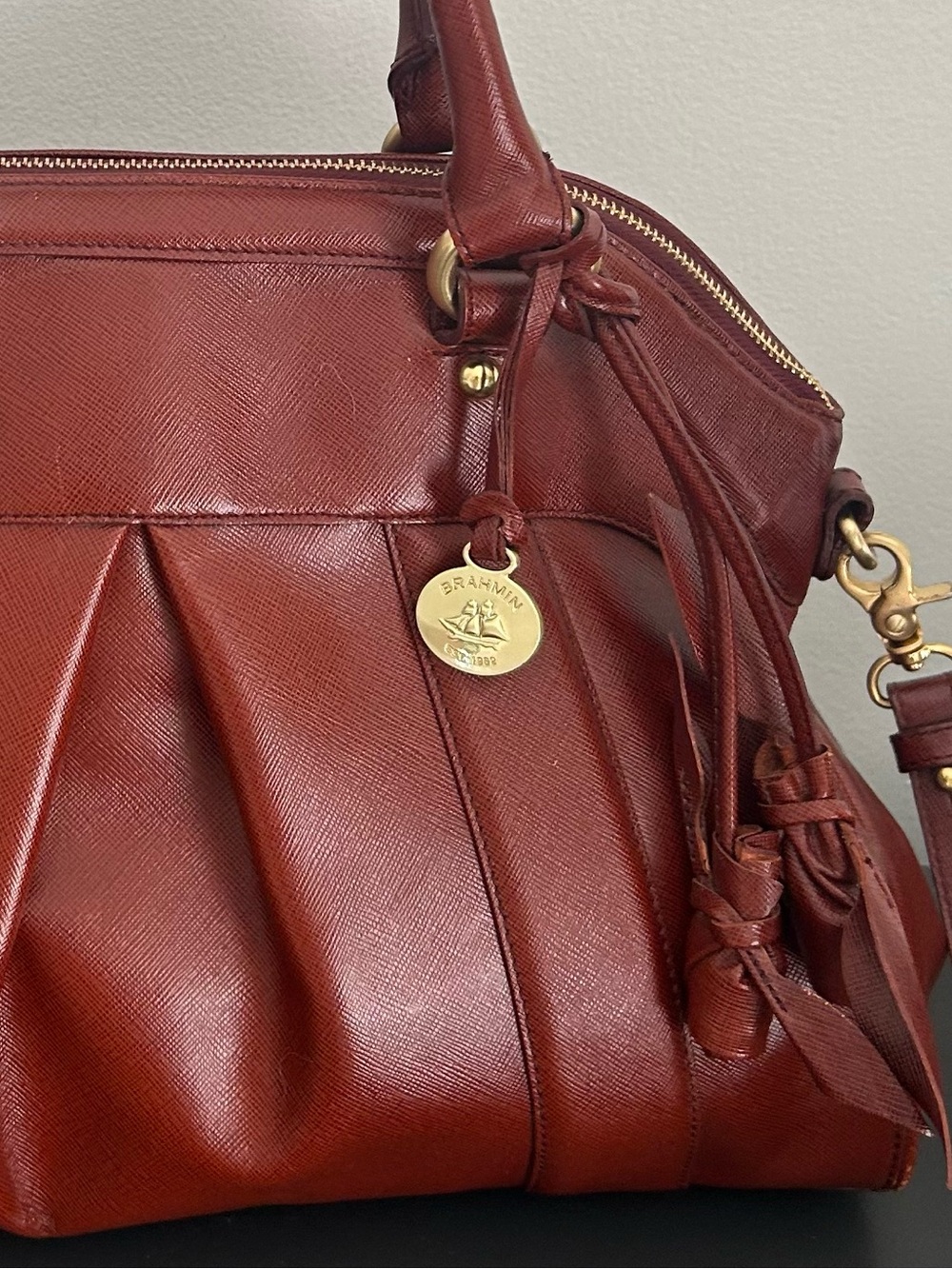 Brahmin Cognac Leather Satchel Top Handle Crossbody Shoulder Bag Tassel Purse - Picture 4 of 12